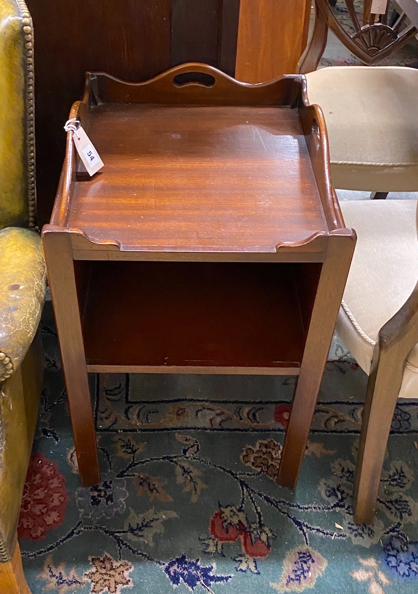 A George III style mahogany tray top bedside cabinet, width 44cm, depth 49cm, height 69cm